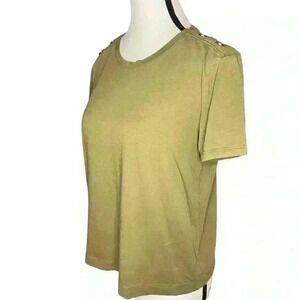 Zara Top Womens Large Short Sleeve Olive Green Metal Shoulder Detail Army Button